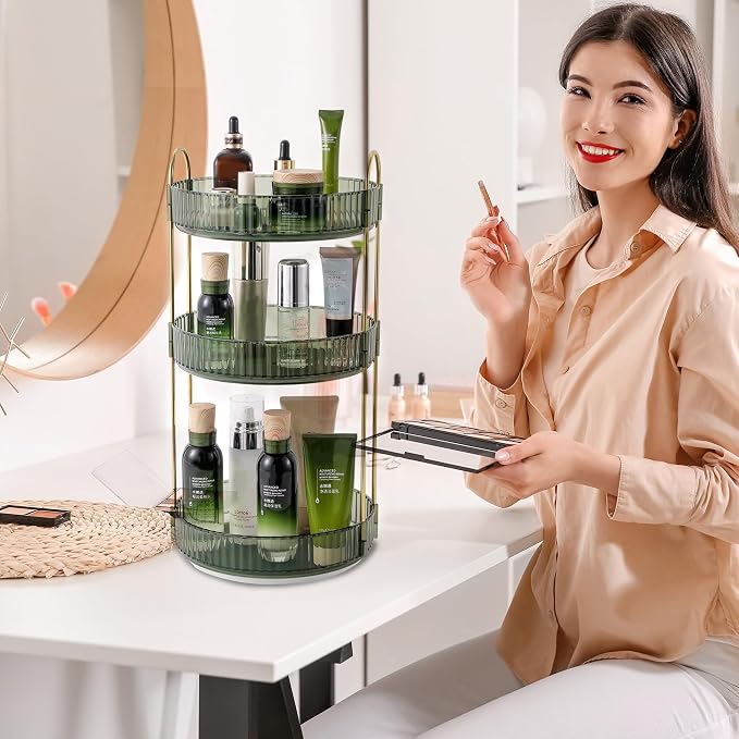 Aveniee Rotating Makeup Organizer for Vanity, Perfume Skin Care Organizers Large, Bathroom Counter Make Up Cosmetic Storage, Clear Spinning Skincare Lipstick Holder,3 Tiers, Green