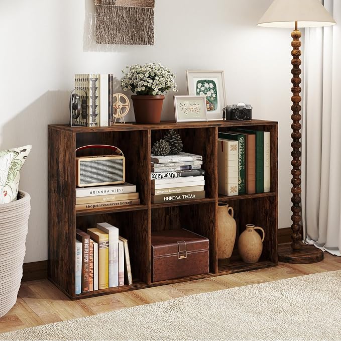 Giantex 6-Cube Bookcase, 3-Tier Cubby Bookshelf, Horizontal Vertical Display Rack with Anti-Tipping Kits, Modern Storage Organizer Shelf Unit for Living Room, Home Office, Rustic Brown | Horizontal Vertical Display Rack with Anti-Tipping Kits, Modern S...