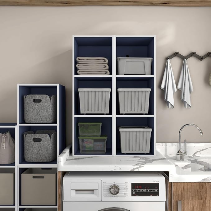 Homes: Inside + Out Apexa 3-Cube Storage Organizer Shelves, Stackable Wood Bookcase Fits Cubby Bins for Organization, Dorm Teen Room Decor & Home Office, Steel Blue