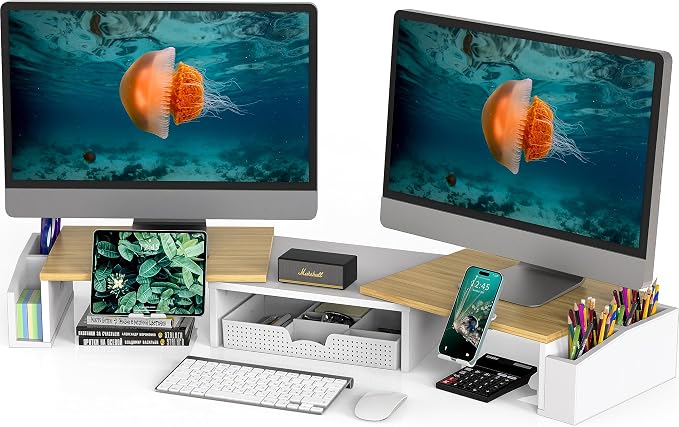 Simple Houseware Desk Dual Monitor Stand Riser with Drawer, Oak | Customizable Organizer Tray, Built-In Phone & Tablet Slot and Side Storage
