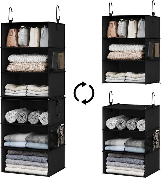 StorageWorks Hanging Closet Organizer 6-Shelf, Jumbo Separable Two 3 Shelf Closet Storage Organizer with Side Pockets, Portable Hanging Shelves for Wardrobe, RVs, 13 "D x 15 "W x 47 ¼"H, Black