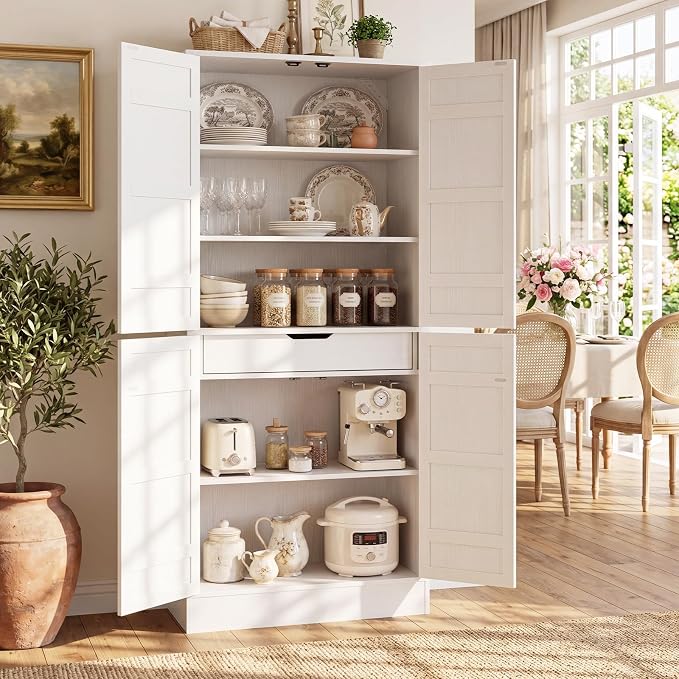 Unikito 71" Tall Kitchen Pantry Storage Cabinet with Built-in Drawer | 31.5" Wide Wood Farmhouse Storage Cabinet with Barn Doors and 3 Shelves, for Home Kitchen,Dining/Living/Laundry/Room