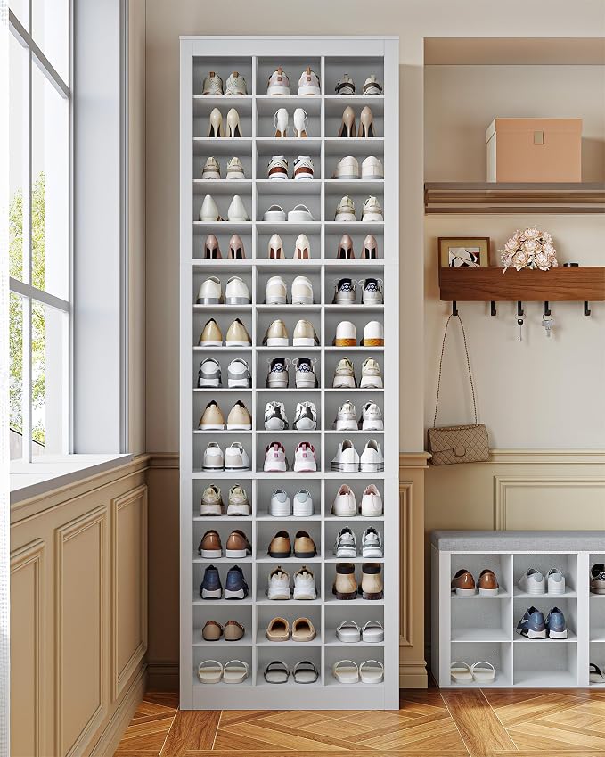 Hzuaneri Shoe Storage Cabinet, 45 Pairs Free Standing Closet Organizer, 9 inch Widened Cell Wood Shoe Organizer, 15 Tiers Vertical Space Saving Shoe Rack for Entryway, Cloakroom, White SR30703X