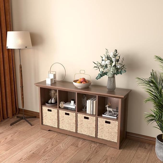 OSCHF 8-Cube Open Bookcase with Base, 2-Tier Low Cabinet, Walnut | Curved Base, Crown Molding, Fits 11×11" Bins, Modern Bookshelf for Living Room, Bedroom, Home Office, TV Stand Storage