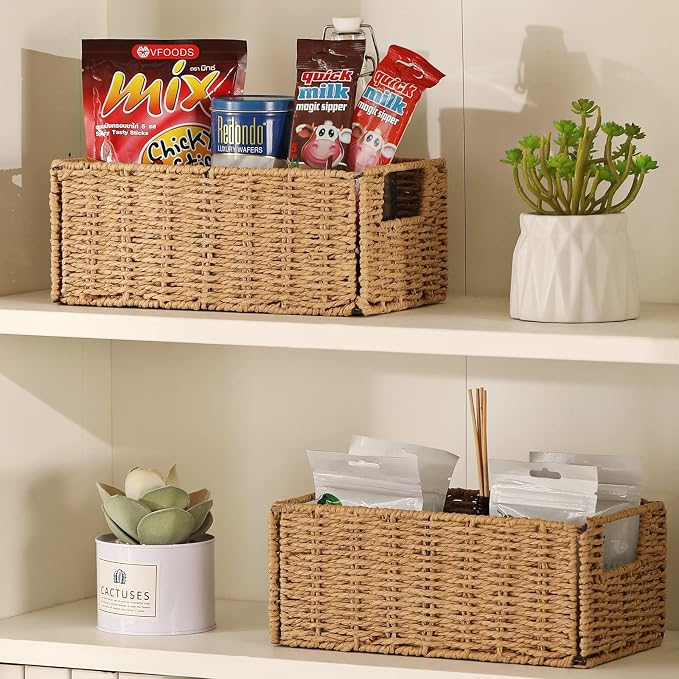 Vagusicc Wicker Storage Basket, Set of 2 Hand-Woven Paper Rope Wicker Basket, Small Storage Baskets for Organizing Toilet Paper Basket, Foldable Large Cube Storage Organizer Bins for Shelves (Natural)