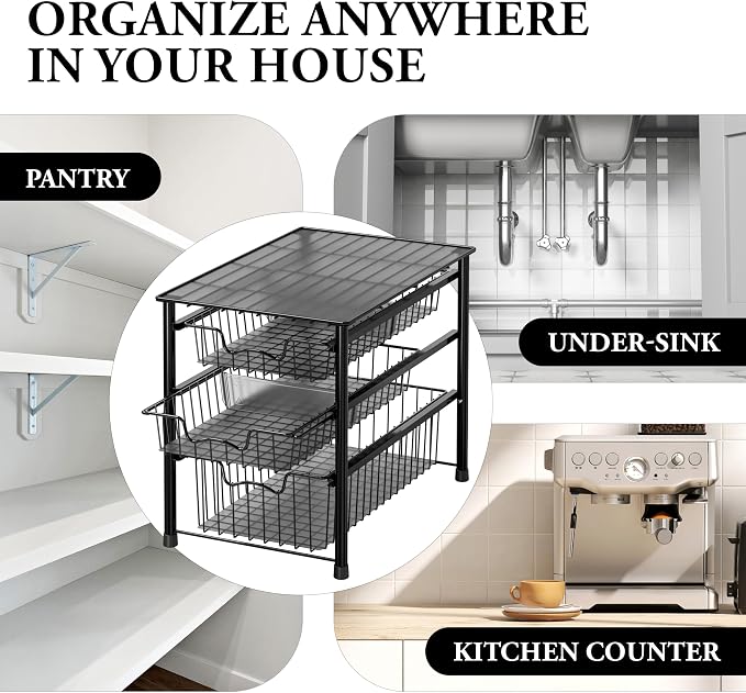 Simple Houseware Stackable 3 Tier Sliding Basket Organizer Drawer, Black