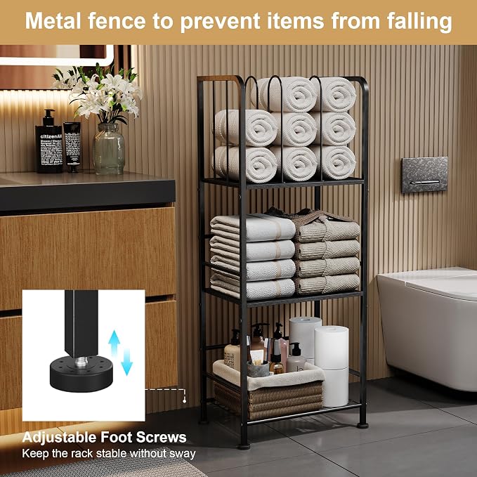 3-Tier Freestanding Towel Racks for Bathroom, Black Towel Rack Stand | Detachable M-shaped Dividers for Bath Towel Storage Premium Iron & Wood Holder Crafted for Bathroom Organization