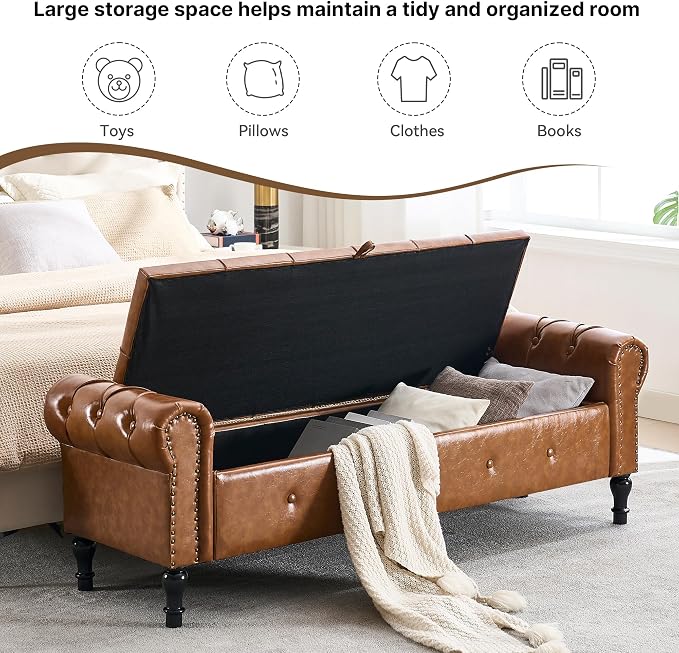 Storage Bench 67" Faux Leather End of Bed Benches Brown | King Size Storage Bench for Bedroom with Rolled Arms Tufted Ottoman Benches Upholstered Bench for Living Room Entryway