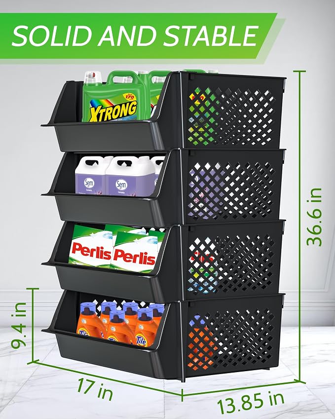 Large Stackable Storage Bins Open Front for Pantry Storage, 4 Pack - Black | Sturdy Plastic, Easy Stacking, Open Front Access, Ventilated Sides, Vertical & Space Saving Pantry Organizers and Storage Bin