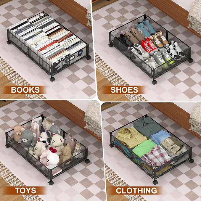 Under Bed Storage Containers,4 Pack Foldable Underbed Storage Containers with Handles and Wheels,Folding Bed Shoes Clothes Organizer,Easy Assembly Underbed Storage for Toy,Bedding,Bedroom(Black)