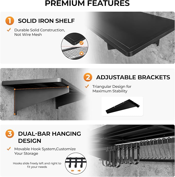 2-Pack 4ft x 16in Heavy Duty Metal Garage Wall Shelving,700lbs Capacity Solid Iron Garage Storage shelves with Sliding Hooks, Wall Mounted Floating Shelves for Workshop,Basement,Tools & Bins,Black