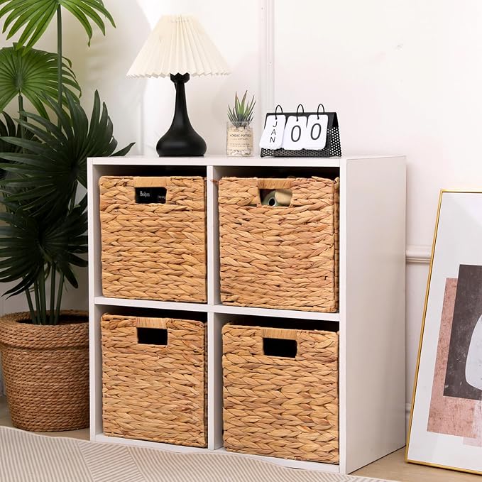12x12x12 Inch Wicker Storage Basket Set of 2 Foldable Hyacinth Storage Box | Handmade Woven Basket for Closet,Shelf Organization & Decor - Natural