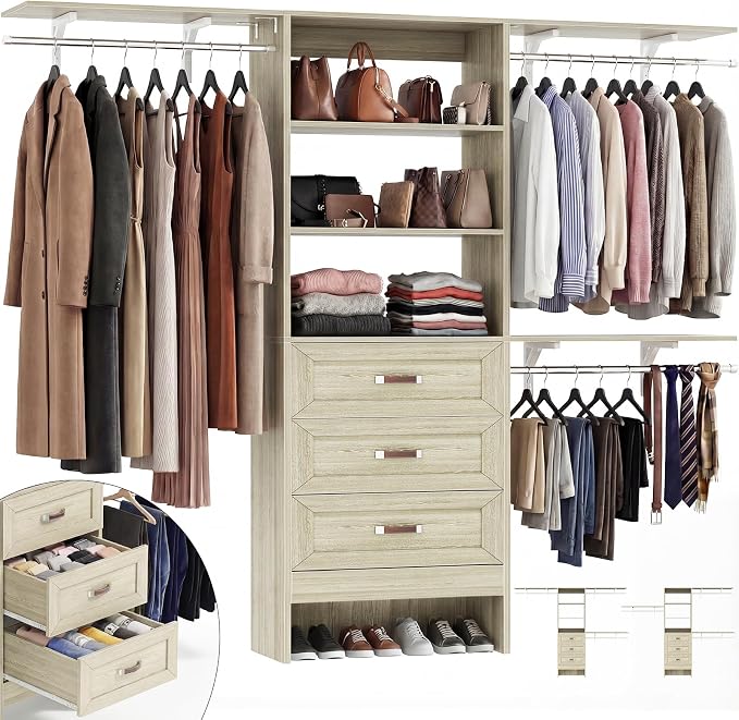 8FT Closet System with 3 Curved Drawers, 96'' Wooden Walk-in Closet Organizer with 3 Top Shelves, Adjustable Organizer System with 3 Hanging Rods, Built-in Wardrobe Storage Rack for 4-8 ft, White Oak