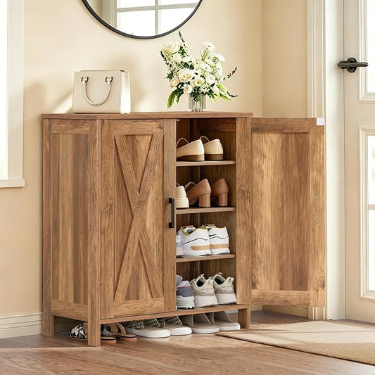 Homleke Farmhouse Shoe Cabinet with 2 Barn Doors & Wood Legs | Tall 4-Tier Shoe Storage Cabinet, 3 Adjustable Shelves, Shoe Rack Organizer, for Entryway, Hallway, Closet, Rustic Walnut