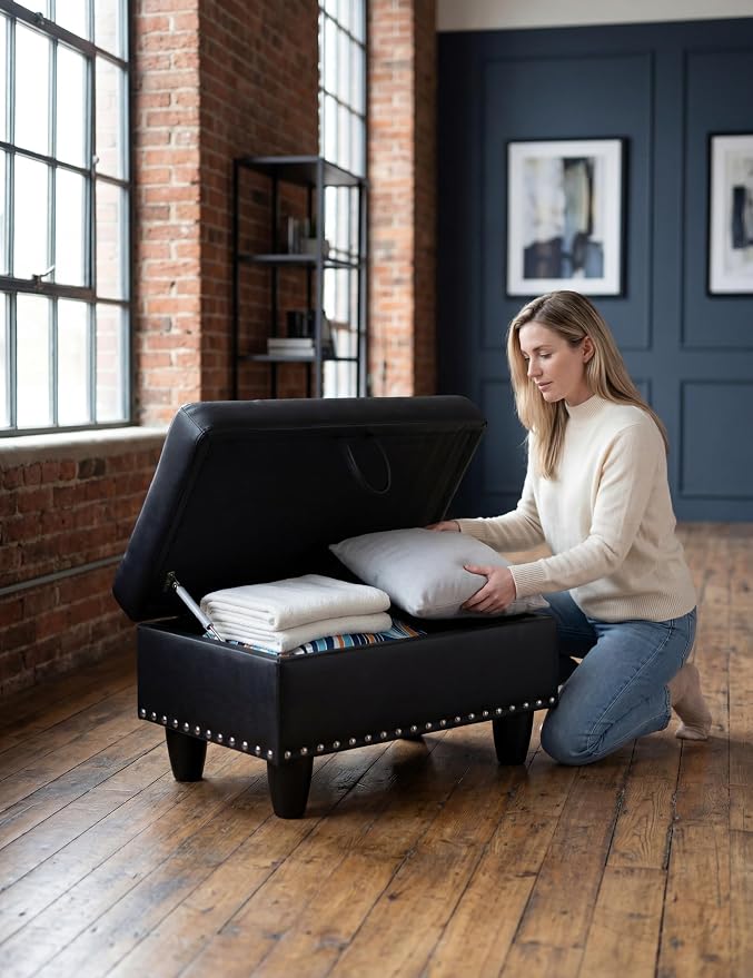 Ottoman with Storage, 28.5 inch Faux Leather Storage Ottoman with Padded Seat, Large Entryway Bench with Solid Wood Frame, Upholstered Sturdy Foot Rest for Living Room, Bedroom, Entryway