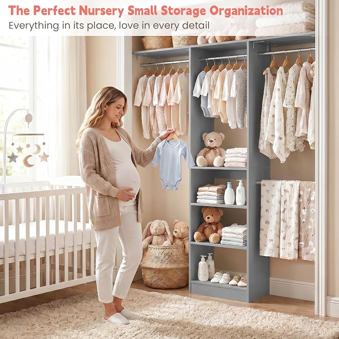 48" Small Closet System, Space-Saving Wall-Mounted Wardrobe Organizer, Mini Garment Rack for Narrow Spaces, Morning Outfit Prep Station & Nursery Dress-up Storage,Grey