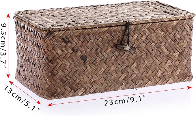 Hipiwe Wicker Shelf Baskets Bin with Lid, Handwoven Seagrass Storage Boxes | Rectangular Household Basket Boxes for Shelf Wardrobe Home Organizer, Coffee X-Small