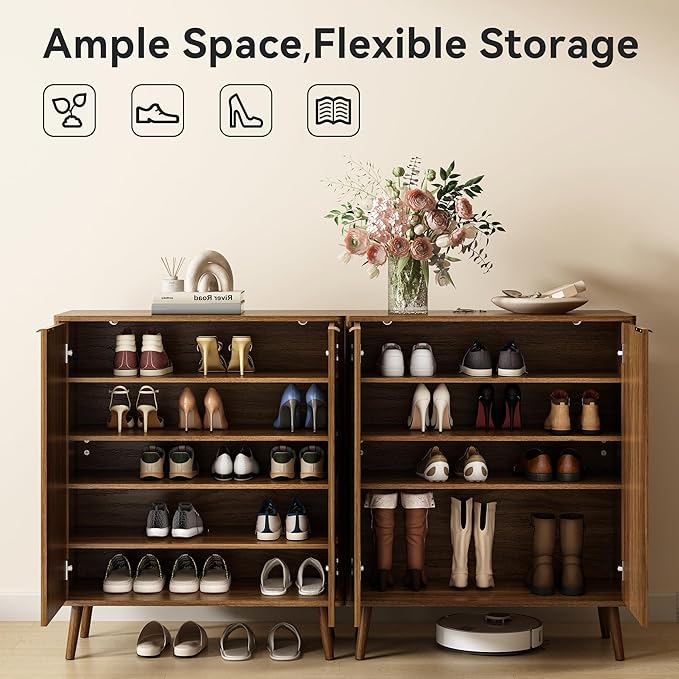 Fluted Shoe Cabinet with Doors Set of 2, 5-Tier Shoe Storage Cabinet with Adjustable Shelves, Wooden Freestanding Shoe Organizer Shoe Cabinet for Entryway,Hallway,Living Room, Natural Oak