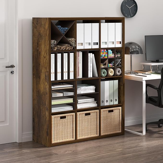 Furinno Cubicle Book Shelf, 12-Cube Bookshelf, Extra Thick Frame Reversible Bookcase with Open Back, 14.6" x 44" x 58", for Living Room, Bedroom, Home Office, Amber Pine