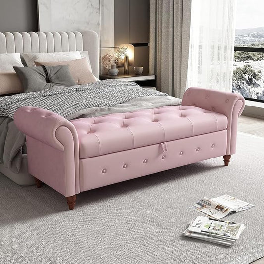 NIOIIKIT 63'' Storage Ottoman Bench, Tufted Entryway Bench Pink Velvet | Button Tufted End of Bed, Large Storage Space, Rolled Armed Ottoman Couch Long Bench for Bedroom, Living Room, Hallway