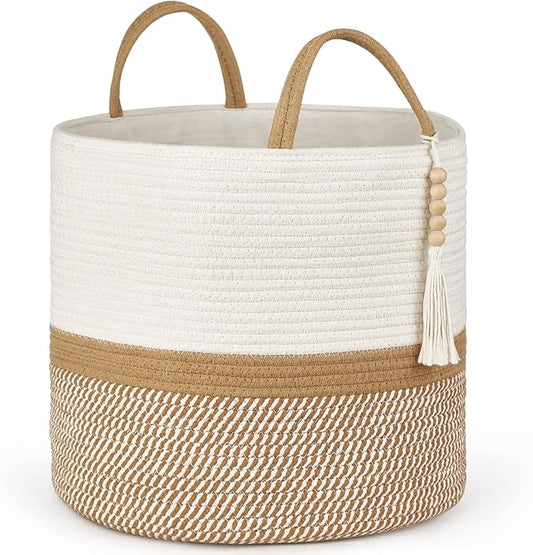 Mkono Woven Storage Basket for Blanket, Toys Plant Organizer, 16"W x 13.8"L | White and Brown, Decorative Basket with Handle, Wood Beads Tassel, Shoes Clothes Storage Bin, Living Room Bedroom Nursery
