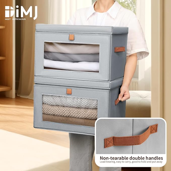 DIMJ Storage Bins with Lids - 6 Pack Large Fabric Closet Organizer with Window & Handles, Collapsible Decorative Storage Boxes for Shelves Under Bed, Books Clothes Blankets Sweaters Organization