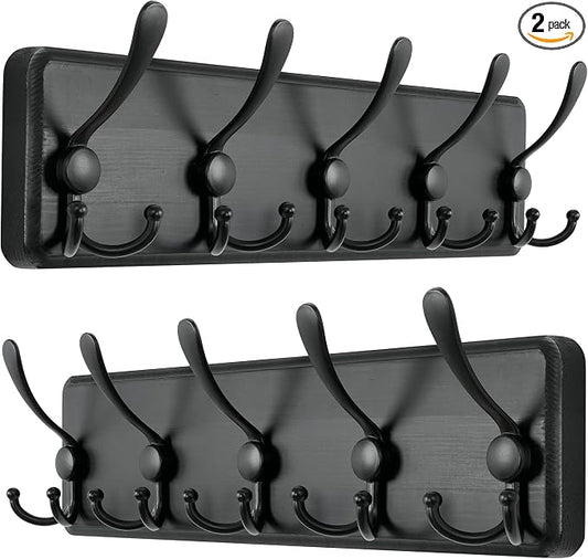 Coat Rack Wall Mounted - 5 Tri Hooks, Heavy Duty, Wooden Wall Coat Hanger Coat Hook for Clothes Hat Jacket Clothing, Black, Pack of 2