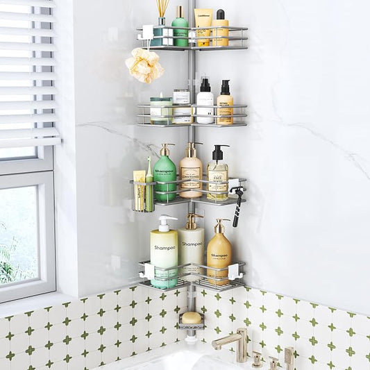 HapiRm Corner Shower Caddy Organizer - Shower Organizer Corner with Soap Holder, Toothbrush Holder and 4 Hooks, Rustproof Bathroom Shelf Tension Pole Available for 27.6 to 108.3 Inch - Silver