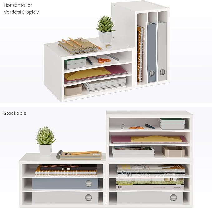 Ballucci Paper Organizer, 3-Tier Stackable Wood Desk Organizer, Document File Organizer and Mail Sorter with Adjustable Storage Shelves, White
