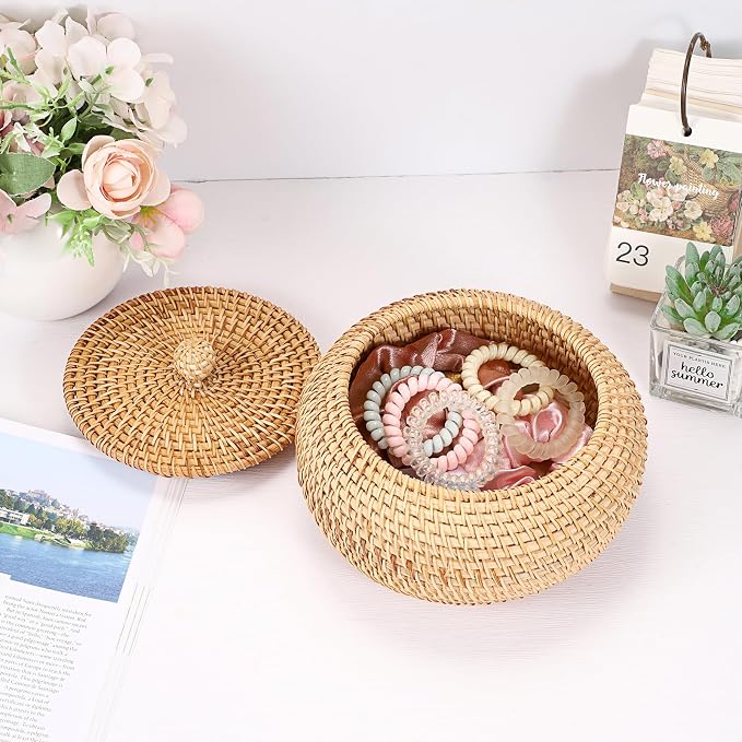 Hipiwe Handwoven Rattan Basket Round Round Wicker Storage Box | Decorative Shelf Baskets Multi-purpose Natural Basket Box for Remote Control Bread Candy Farmhouse Picnic Baskets