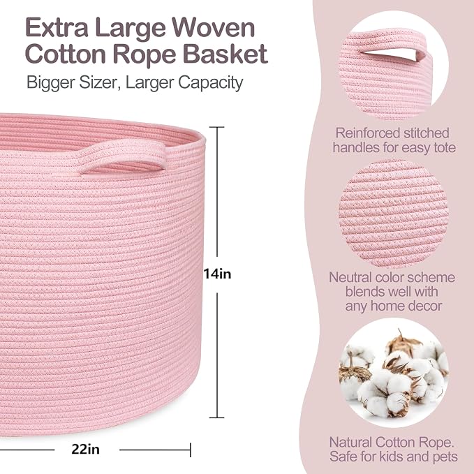 Extra Large Pink Basket, 22"x22"x14" Woven Cotton Rope Bin with Handles, Blanket Storage for Living Room, Baby Kids Toy Storage Bin Box, Wicker Laundry Basket, Pink Room Decor Organizing