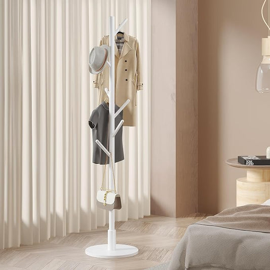 VECELO Coat Rack Freestanding, Entryway Hanger Stand, Umbrella Holder, Hall Tree With Hooks, Floor Standing Tree Stand,White