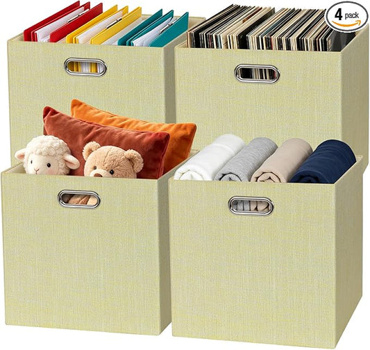 Posprica Storage Cubes, 13 x 13 x 13 Inches Fabric Bins with Double Handles，Cubes Basket Containers, For Shelf Cabinet Bookcase, Closet Organizers for Shelves, Foldable-Set of 4, Yellow/Beige mixed