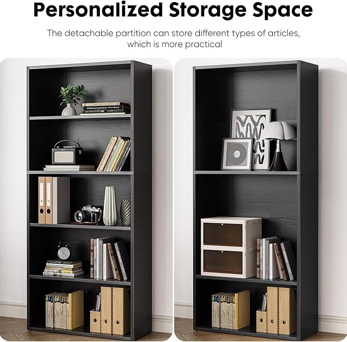 HealSmart 5 Tier Bookcase, Industrial 5 Book Shelf, 9.2" D x 23.8" W x 53" H Tall Open Cube Storage Organizer for Home Office, Living Room, Bedroom and Dinning Room, Black