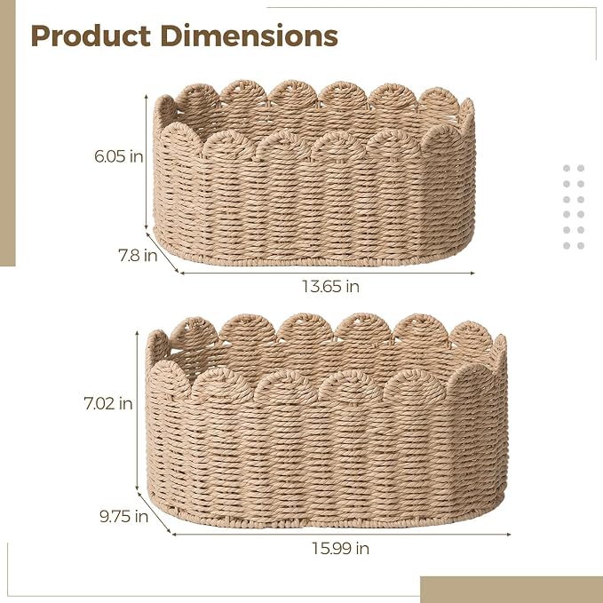 2 Pcs Woven Storage Baskets, Handwoven Basket with Scalloped Edge, Decorative Organizer for Home, Kitchen, and Desktop, Large 15.99 x 9.75 x 7.02 in, Small 13.65 x 7.8 x 6.05 in