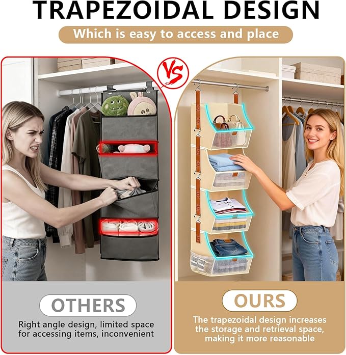 Fabric Hanging Closet Clothes Organizers and Storage Detachable 4 Tier | Hanging Clothes Organizers for Bedroom,Dorm,RV,,Camper,See Through Front Panel,Space-Saving,Can Be Separated Individually