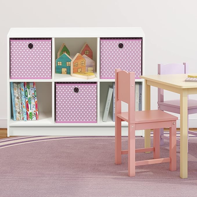 Furinno BASIC Book Shelf, 6-Cube Bookshelf with Open Shelf, 3 x 2 Bookcase with Storage Bins, Closed Back, Horizontal, 11.9 x 31.6 x 23.6, for Living Room, Bedroom, Home Office, White/Pink