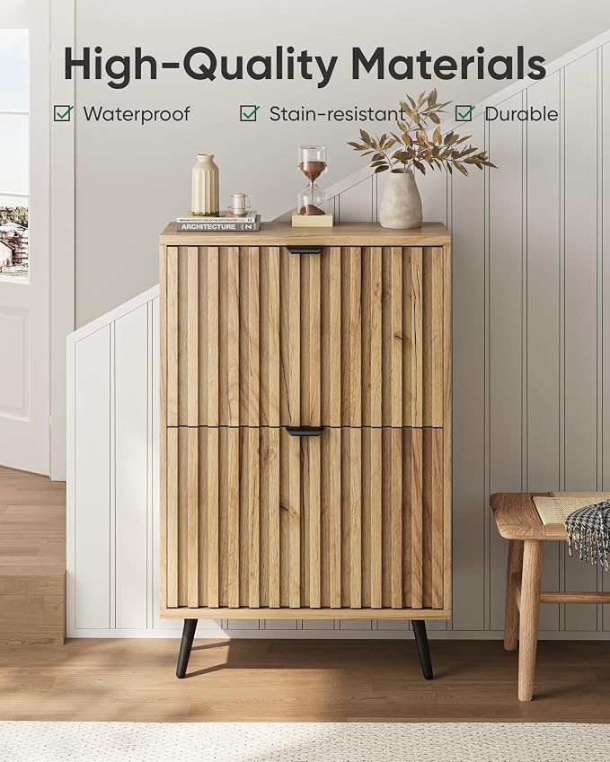 Shoe Storage Cabinet, Fluted Shoe Cabinet Storage for Entryway, Hidden Shoe Cabinet with Metal Legs,Shoe Organizer Cabinet with Flip Doors, Slim Entryway Shoe Storage Cabinet,Natural Wood-23.5in