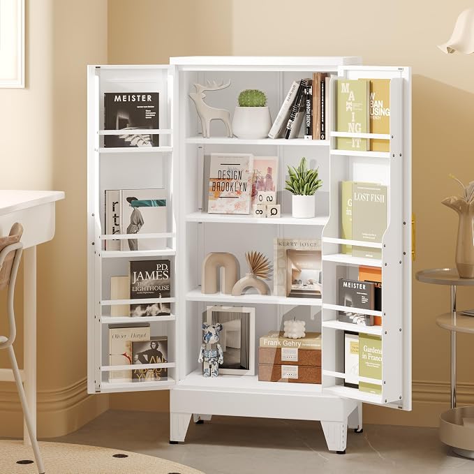GAIOUS Metal Kitchen Pantry Cabinet, Storage Cabinets with 2 Door and 3 Adjustable Shelves, White Freestanding Food Storage Cabinet, Steel Cupboard for Kitchen Dinning Room