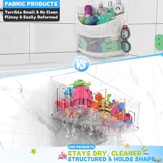 Bath Toy Storage 4 Packs, Large Bath Toy Holder - 3 Compartments, Quick-Dry | BPA-Free Bathtub Toy Organizer, Wall-Mounted Adhesive Shower Caddy, Bathroom Toy Basket & Bin for Baby, Toddler, Kids, Clear