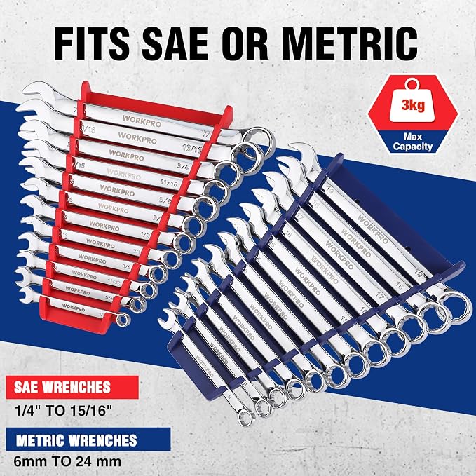 WORKPRO 4-Pack Magnetic Wrench Organizer, Holds 12 Wrenches Each | for Tool Box Drawer Chest, SAE (1/4" - 15/16") and Metric (6 mm - 24 mm)