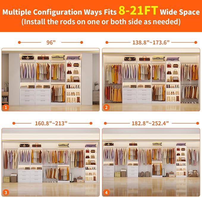 Closet System Set of 4, 8-21FT Closet System with 6 Drawers, 8 Shelves & 8 Hanging Rods, Custom Walk in Closet Organizer System Adjustable, Max 252“ Modular Closet Storage System Wood, White
