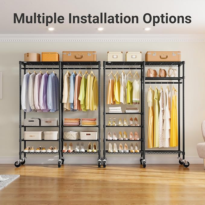VIPEK R4C Portable Closet Rolling Clothes Rack with Wheels & Zippered Cover | Black Upgraded Fabric Cover, Lockable Wheels, 4 Adjustable Shelves, 2 Hanging Rods, Metal Porable Garment Rack for Bedroom