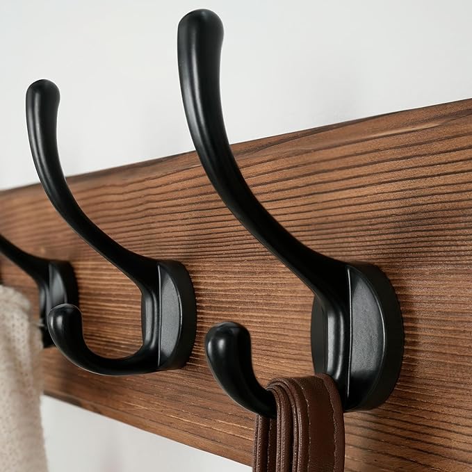 Wall Mounted Coat Rack: Patented, Heavy-Duty, 17.4" Long 5-Double-Hooks Wooden Hanger Rail for Winter Coats, Hat, Jacket, Clothing - Natural & Black, Pack of 2
