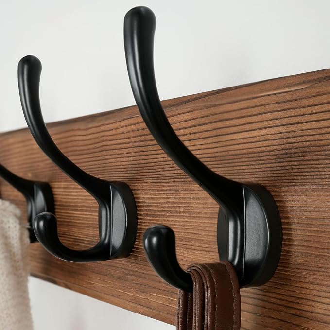 Wall Mounted Coat Rack: 38-1/4" Long, Patented, Heavy-Duty, 10-Double-Hooks Wooden Hanger Rail for Winter Coats, Hats, Jackets, Clothing - Natural & Black, Pack of 2