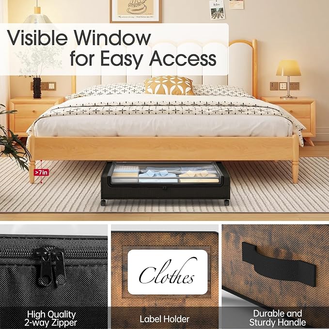 Yecaye Under Bed Storage with Wheels, 2Pack Under Bed Storage Containers, Underbed Shoe Storage Organizer, Rolling Under Bed Metal Drawers for Clothes, Blankets, Brown