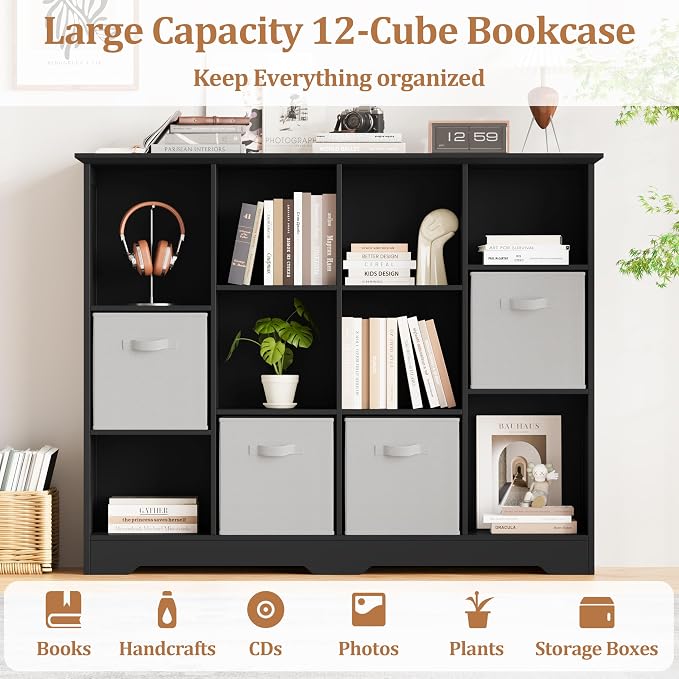 12 Cube Storage Organizer Shelf, Wood Cubby Storage with 6 Fabric Drawers | 3 Tier Wooden Bookshelf with 2 Adjustable Shelves, Fluted Side Panels Bookcase for Records, Books, Ornaments