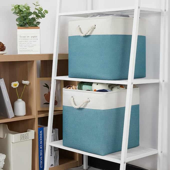 Temary Fabric Storage Set - 4 Large Cube Baskets (13x13), White & Teal
