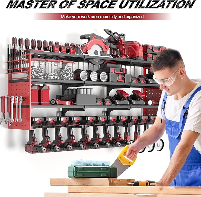 52" Metal Power Tool Organizer Wall Mount,4 Tier,Red | Heavy-Duty Metal,480 LBS Capacity,12 Cordless Drill Holders,Adjustable Hooks,Tool Shelf for Garage Workshop Shed,Pegboard