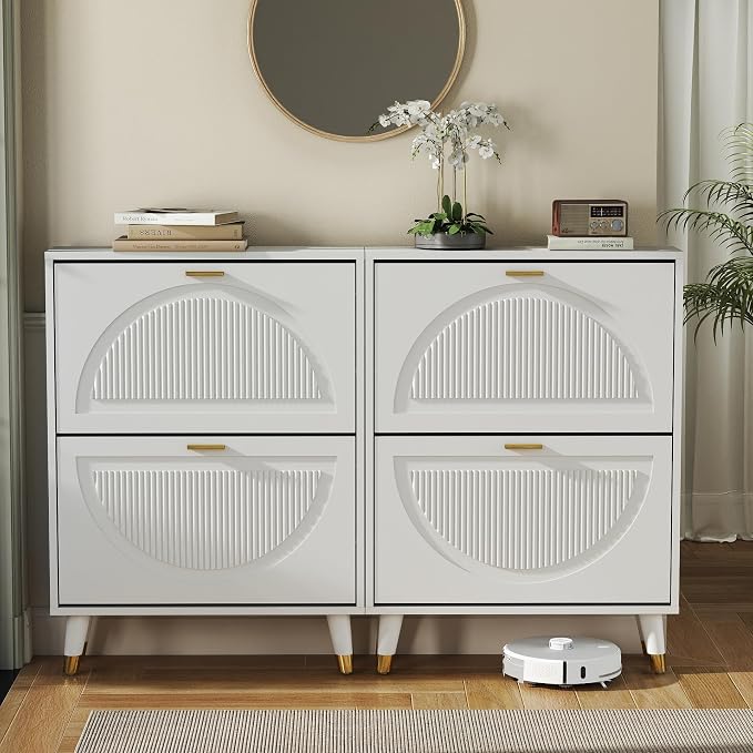 Narrow Shoe Cabinet Storage for Entryway: Cabinet Shoe Rack Organizer, White Shoes Cabinets with 4 Flip Drawers, Modern Shoes Storage Entryway for Front Door Entrance (2 Piece, 25")